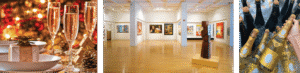 Multiple pictures of champagne glasses, a museum with art on the walls, and bottles of champagne